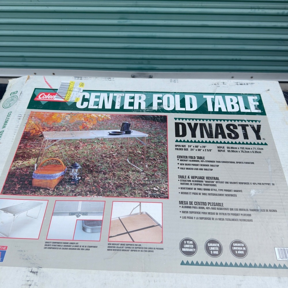 VTG Coleman Dynasty Center Fold Table Aircraft Aluminum Silver Parquet 24x60x28